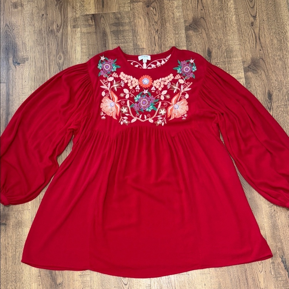 Umgee Red Blouse with Floral Embroidery Size M